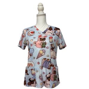 Cute Pug Dog & Ice Cream Dessert Print Nursing Medical Scrub Top Women’s Medium